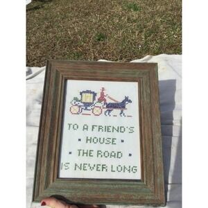 Vintage finished cross stitch friend horse buggy Amish framed farmhouse